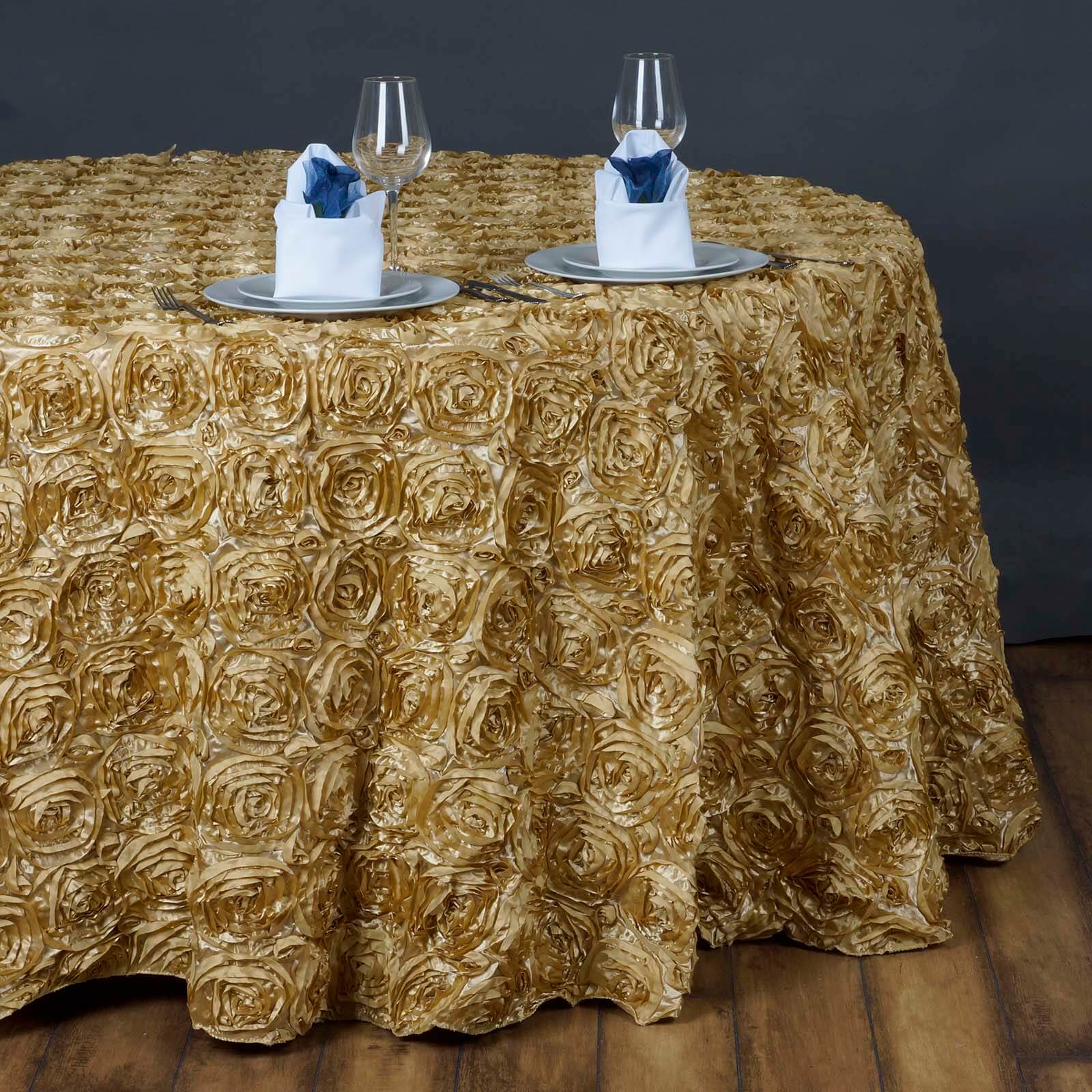 Satin 132" Round Tablecloth Champagne - Seamless Grandiose 3D Rosette Table Cover - NestOCart