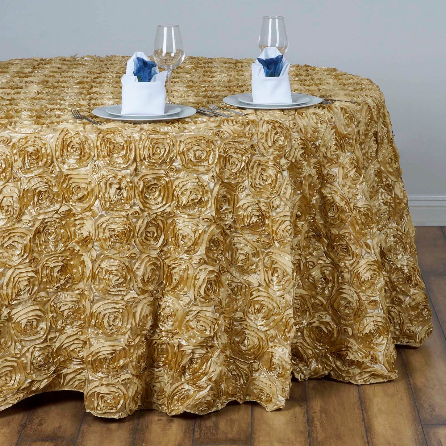 Satin 132" Round Tablecloth Champagne - Seamless Grandiose 3D Rosette Table Cover - NestOCart