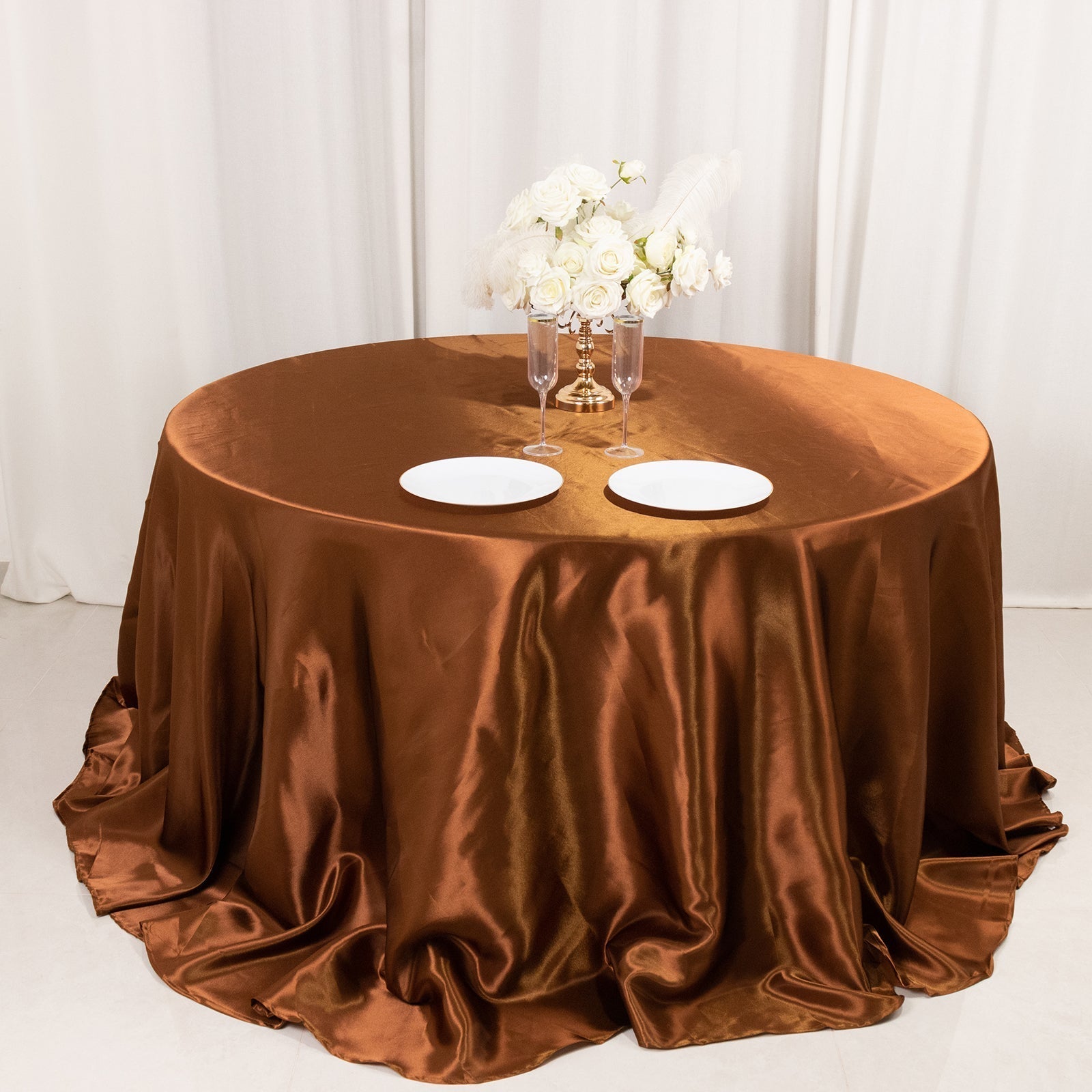 Satin 132" Round Tablecloth Cinnamon Brown - Stylish Seamless Table Cover - Bell Racket Store
