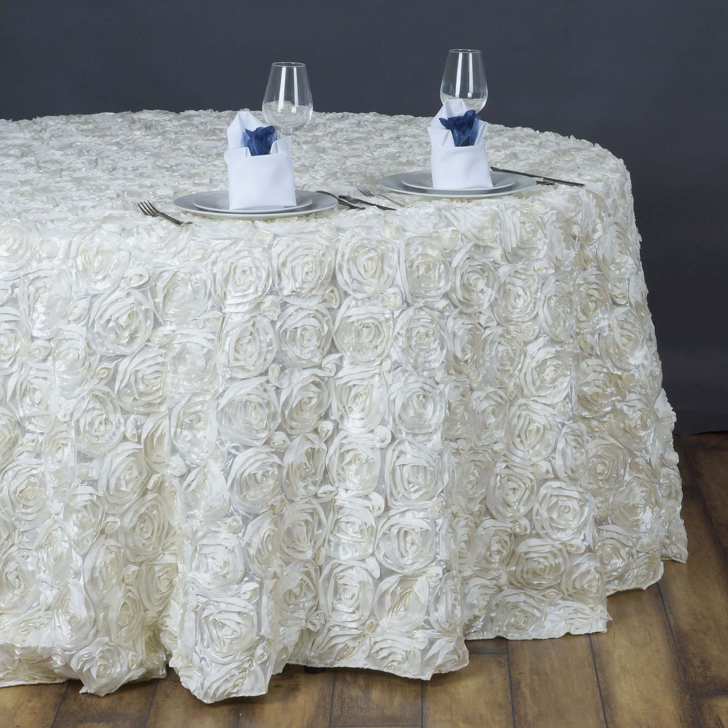 Satin 132" Round Tablecloth Ivory - Seamless Grandiose 3D Rosette Table Cover - NestOCart