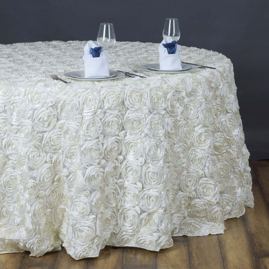 Satin 132" Round Tablecloth Ivory - Seamless Grandiose 3D Rosette Table Cover - NestOCart