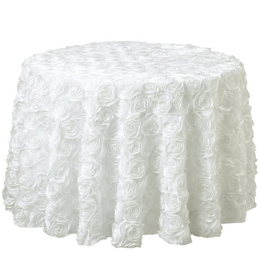 Satin 132" Round Tablecloth Ivory - Seamless Grandiose 3D Rosette Table Cover - NestOCart