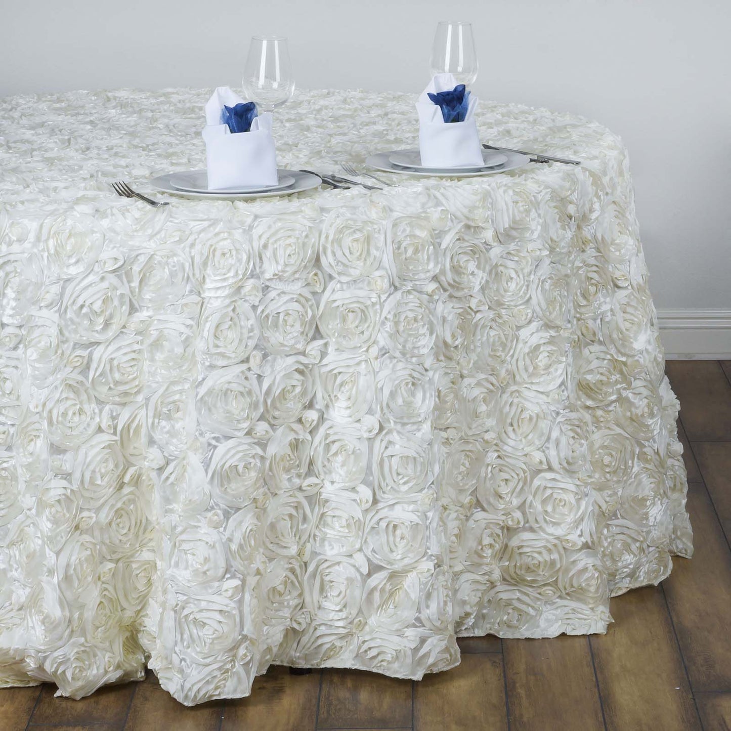 Satin 132" Round Tablecloth Ivory - Seamless Grandiose 3D Rosette Table Cover - NestOCart