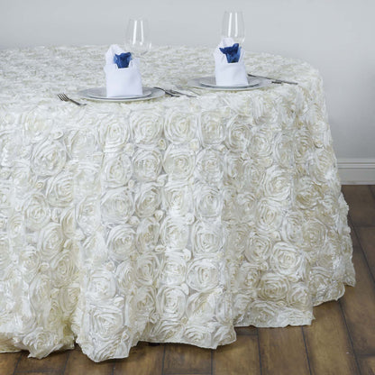 Satin 132" Round Tablecloth Ivory - Seamless Grandiose 3D Rosette Table Cover - NestOCart