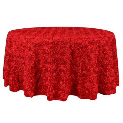 Satin 132" Round Tablecloth Red - Seamless Grandiose 3D Rosette Table Cover - NestOCart