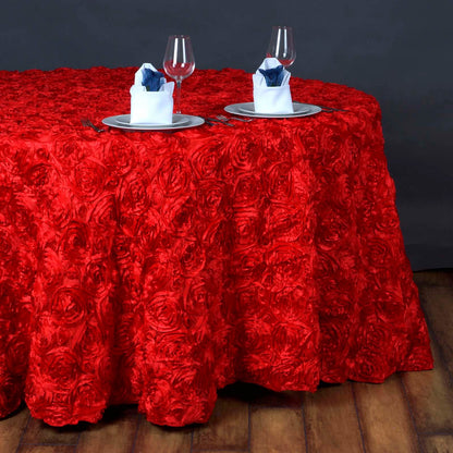Satin 132" Round Tablecloth Red - Seamless Grandiose 3D Rosette Table Cover - NestOCart