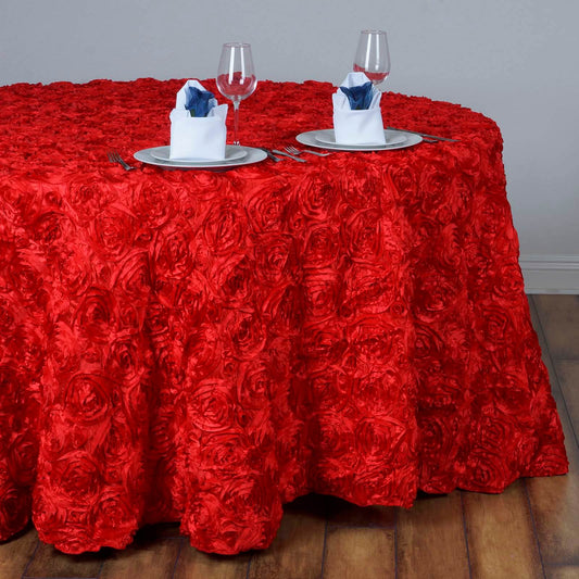 Satin 132" Round Tablecloth Red - Seamless Grandiose 3D Rosette Table Cover - NestOCart
