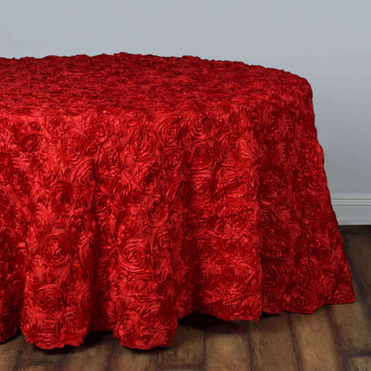 Satin 132" Round Tablecloth Red - Seamless Grandiose 3D Rosette Table Cover - NestOCart