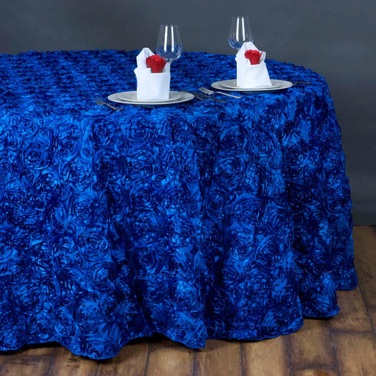 Satin 132" Round Tablecloth Royal Blue - Seamless Grandiose 3D Rosette Table Cover - NestOCart