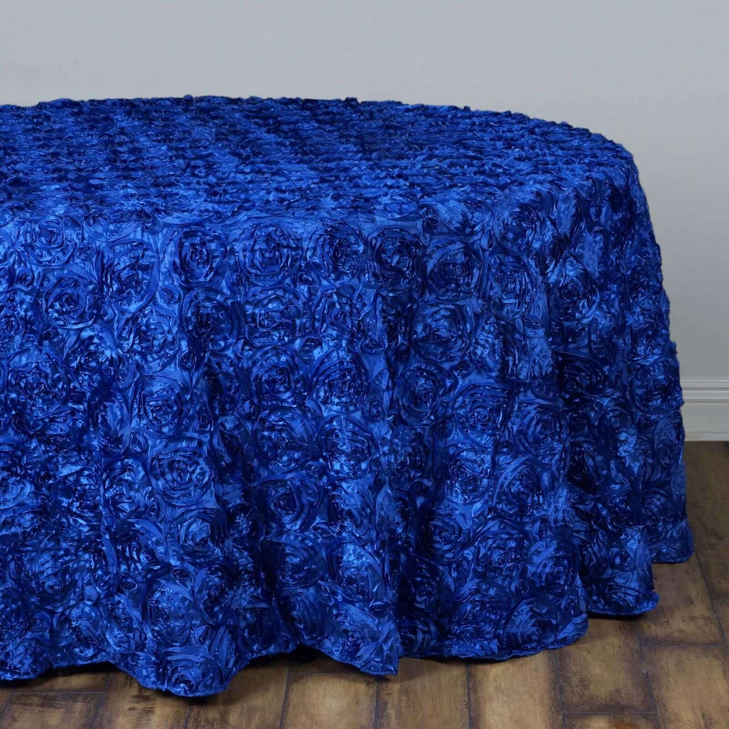 Satin 132" Round Tablecloth Royal Blue - Seamless Grandiose 3D Rosette Table Cover - NestOCart