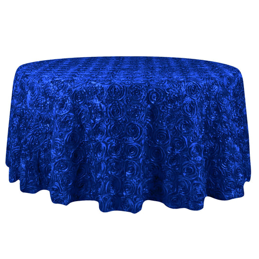 Satin 132" Round Tablecloth Royal Blue - Seamless Grandiose 3D Rosette Table Cover - NestOCart