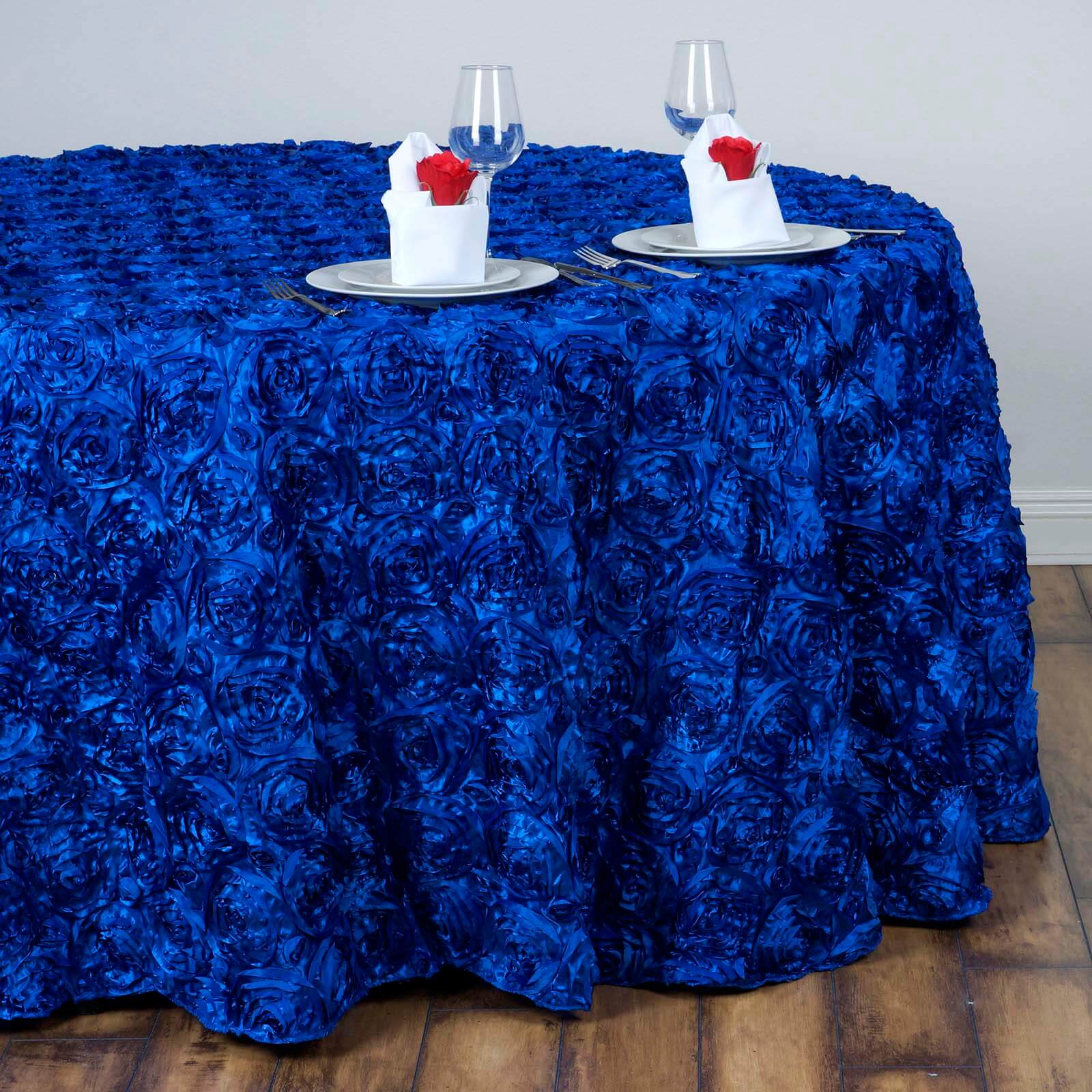 Satin 132" Round Tablecloth Royal Blue - Seamless Grandiose 3D Rosette Table Cover - NestOCart
