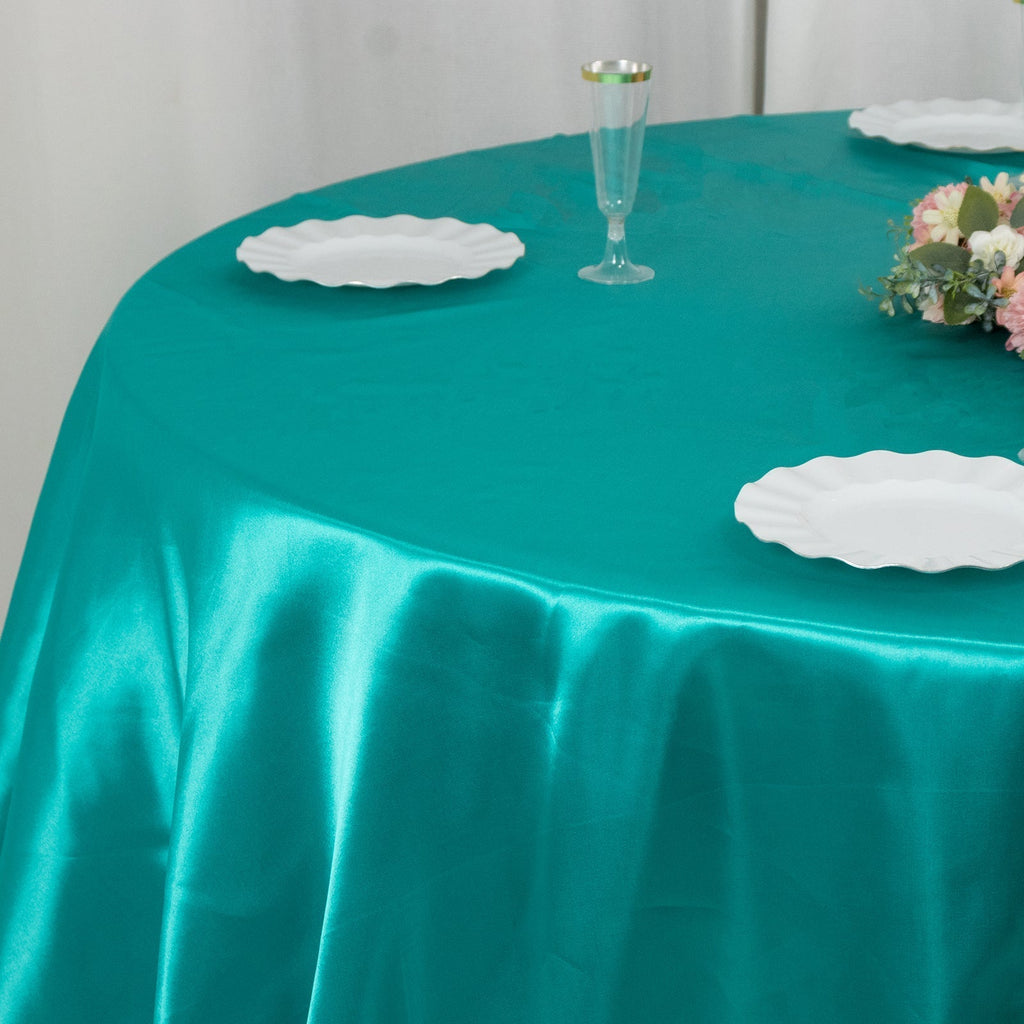 Satin 132" Round Tablecloth Turquoise - Stylish Seamless Table Cover - Bell Racket Store