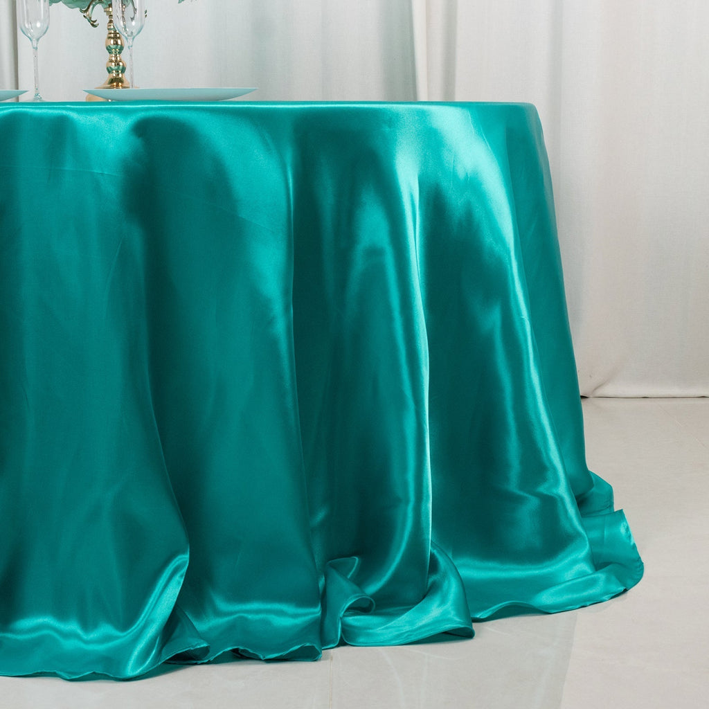 Satin 132" Round Tablecloth Turquoise - Stylish Seamless Table Cover - Bell Racket Store