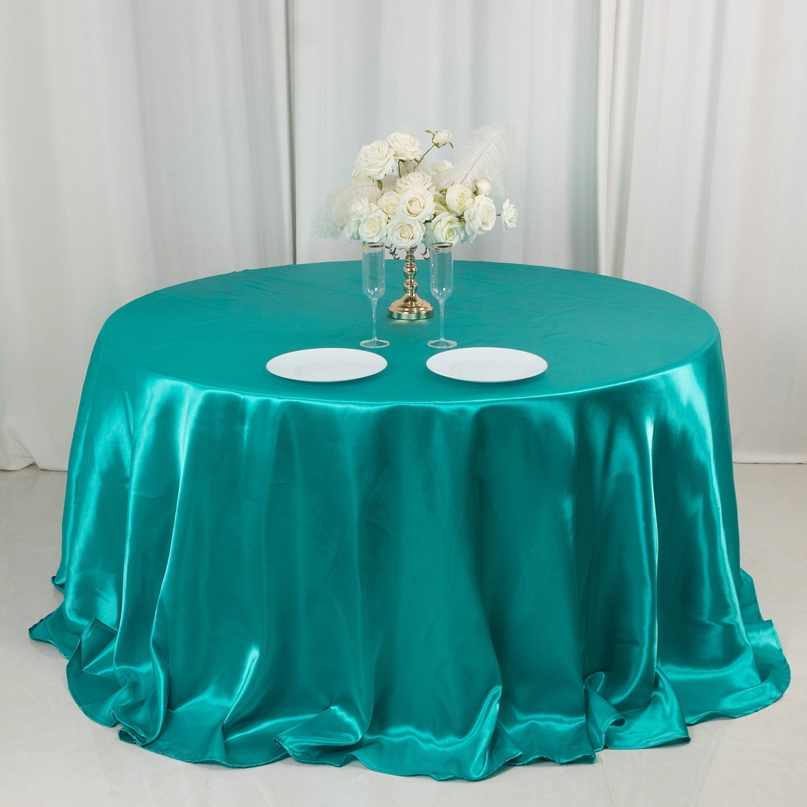 Satin 132" Round Tablecloth Turquoise - Stylish Seamless Table Cover - Bell Racket Store