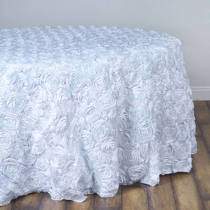 Satin 132" Round Tablecloth White - Grandiose 3D Rosette Design with Seamless Finish for Chic Occasions - NestOCart