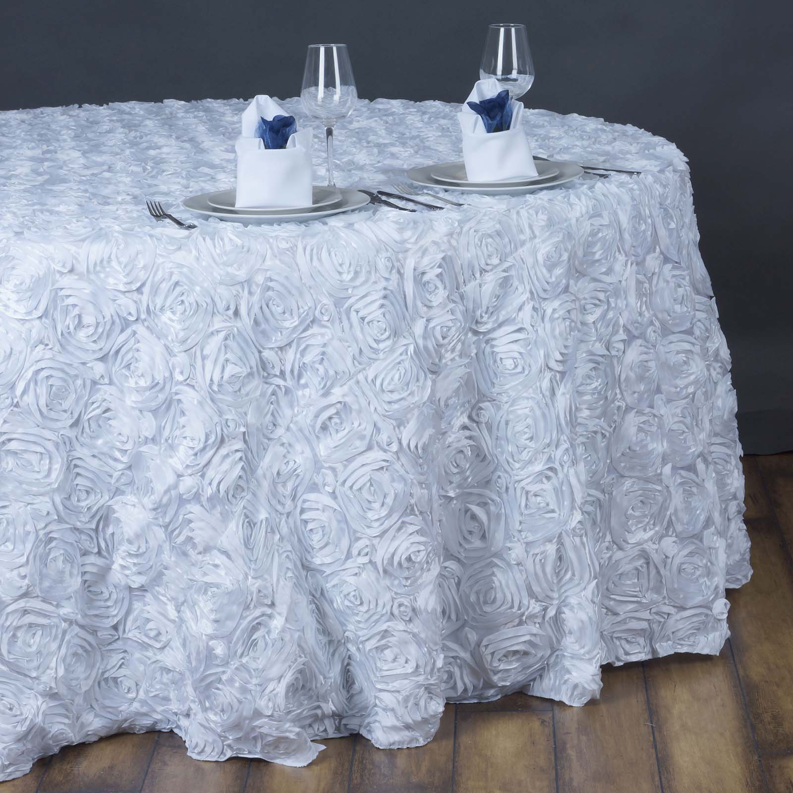 Satin 132" Round Tablecloth White - Grandiose 3D Rosette Design with Seamless Finish for Chic Occasions - NestOCart