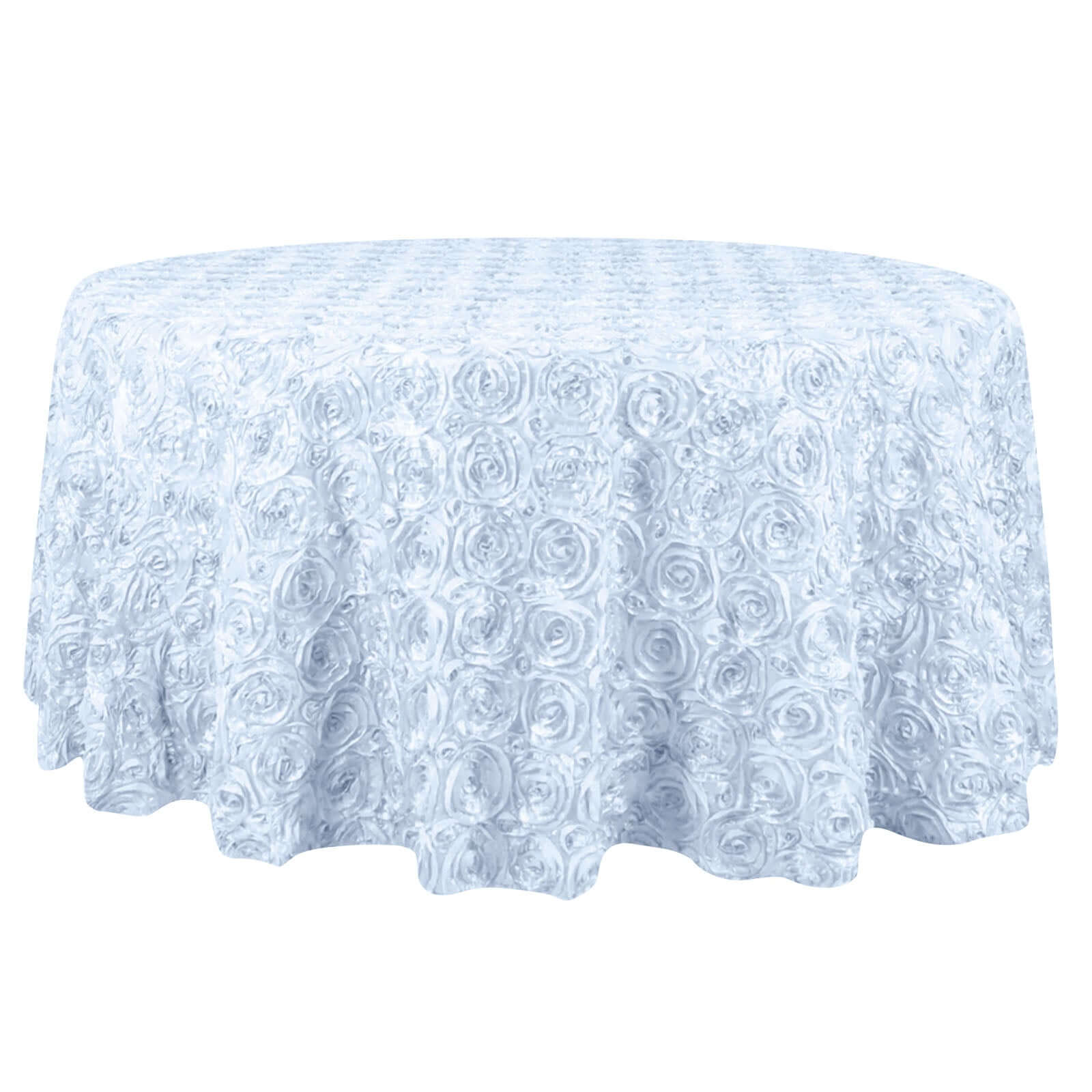 Satin 132" Round Tablecloth White - Grandiose 3D Rosette Design with Seamless Finish for Chic Occasions - NestOCart