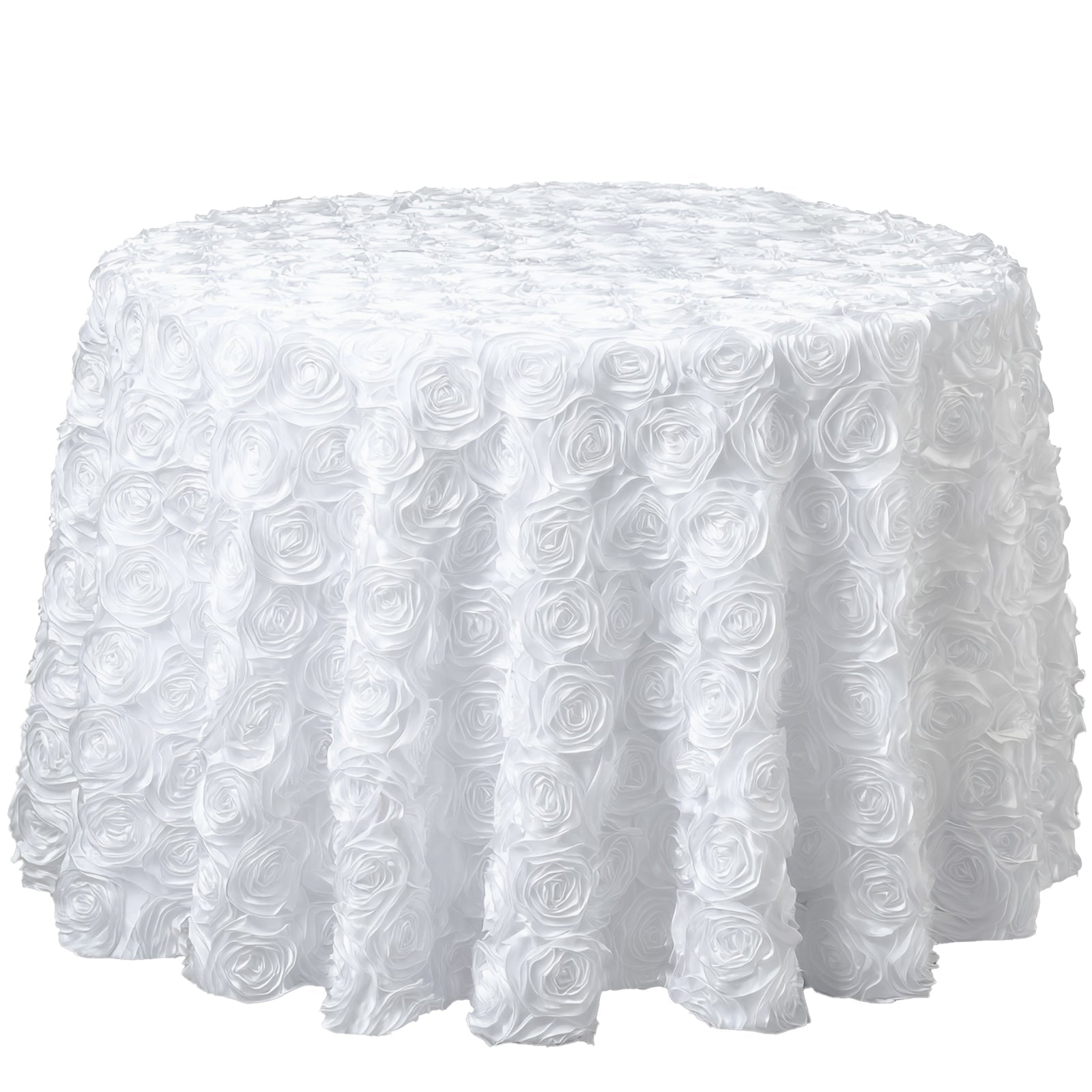 Satin 132" Round Tablecloth White - Grandiose 3D Rosette Design with Seamless Finish for Chic Occasions - NestOCart