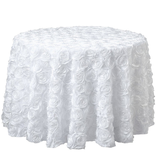Satin 132" Round Tablecloth White - Grandiose 3D Rosette Design with Seamless Finish for Chic Occasions - NestOCart