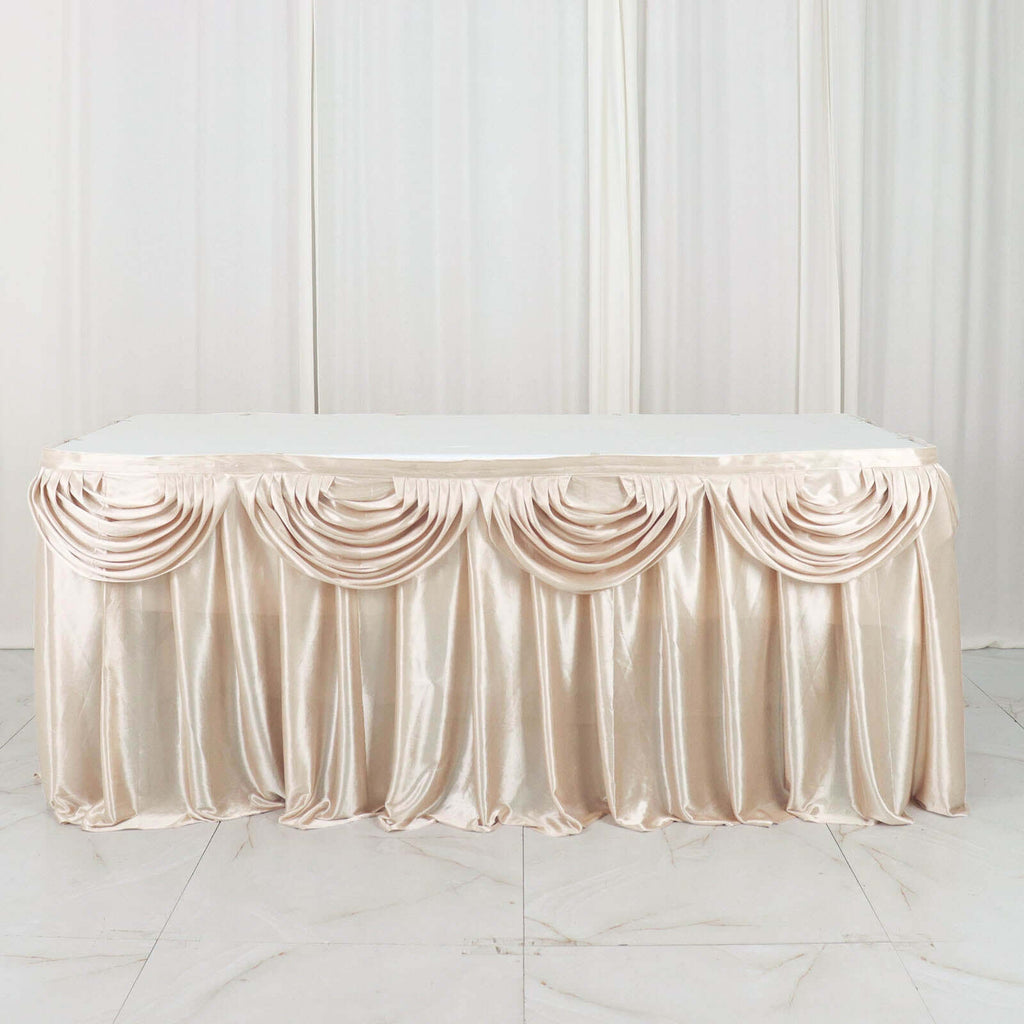Satin 14ft Table Skirt Beige - Pleated Double Drape Table Cover - Bell Racket Store