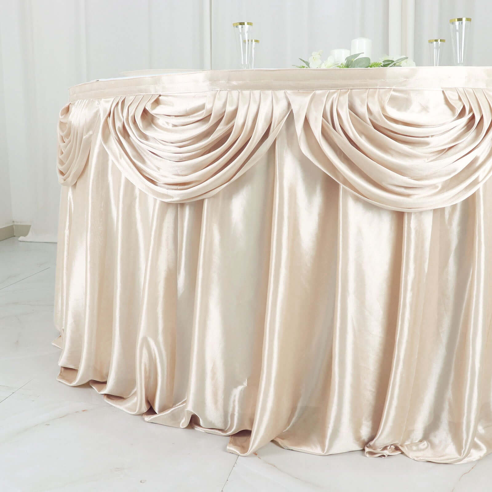 Satin 14ft Table Skirt Beige - Pleated Double Drape Table Cover - Bell Racket Store