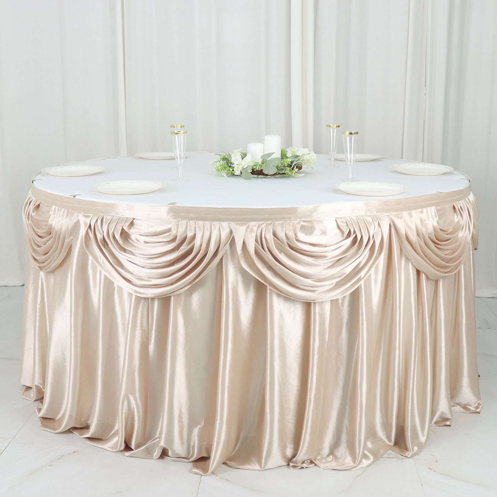 Satin 14ft Table Skirt Beige - Pleated Double Drape Table Cover - Bell Racket Store