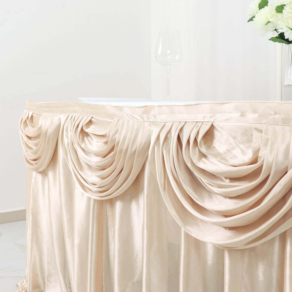 Satin 14ft Table Skirt Beige - Pleated Double Drape Table Cover - Bell Racket Store