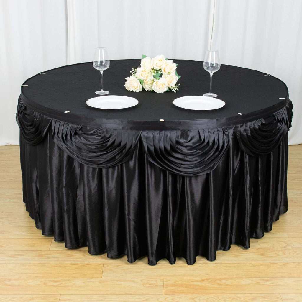 Satin 14ft Table Skirt Black Pleated Double Drape Design - Soft & Graceful for Events - Bell Racket Store