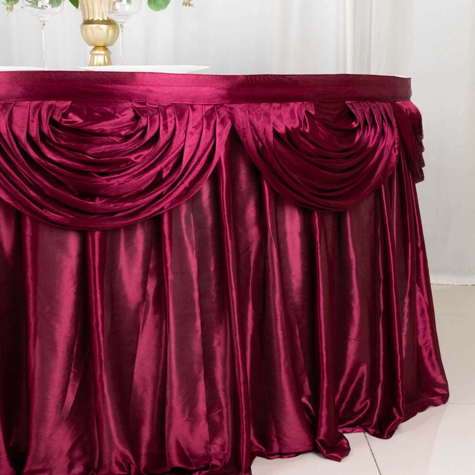 Satin 14ft Table Skirt Burgundy - Pleated Double Drape Table Cover - Bell Racket Store