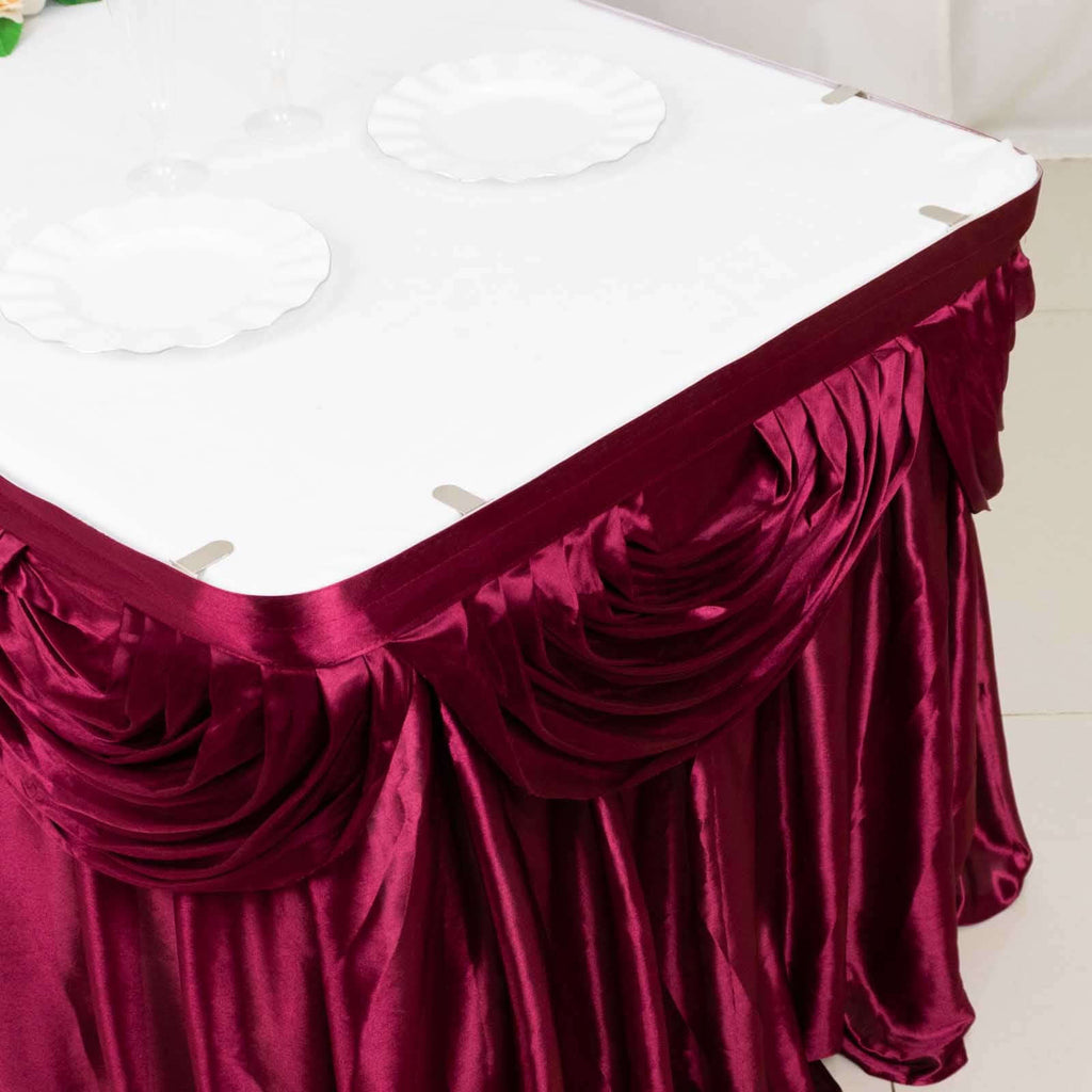 Satin 14ft Table Skirt Burgundy - Pleated Double Drape Table Cover - Bell Racket Store