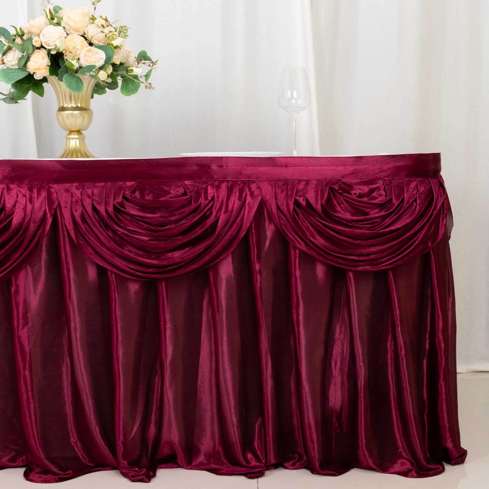 Satin 14ft Table Skirt Burgundy - Pleated Double Drape Table Cover - Bell Racket Store