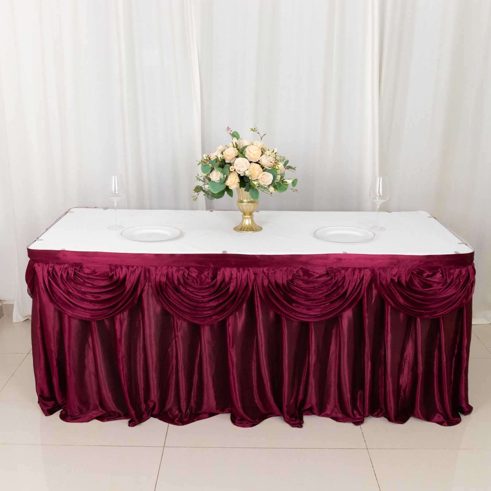Satin 14ft Table Skirt Burgundy - Pleated Double Drape Table Cover - Bell Racket Store