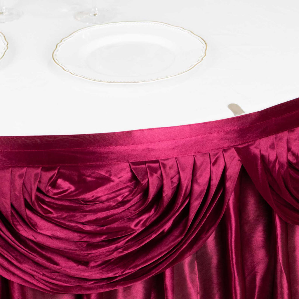 Satin 14ft Table Skirt Burgundy - Pleated Double Drape Table Cover - Bell Racket Store
