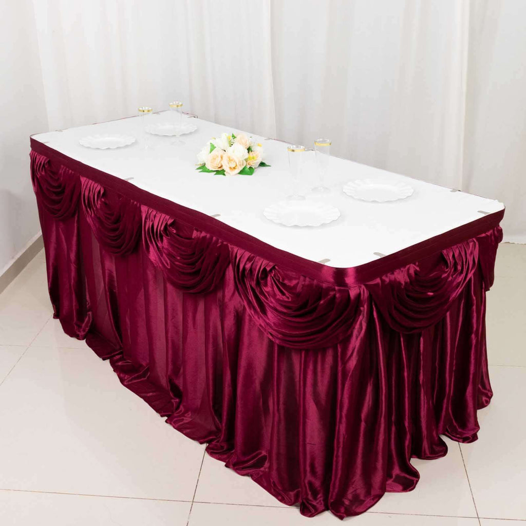 Satin 14ft Table Skirt Burgundy - Pleated Double Drape Table Cover - Bell Racket Store