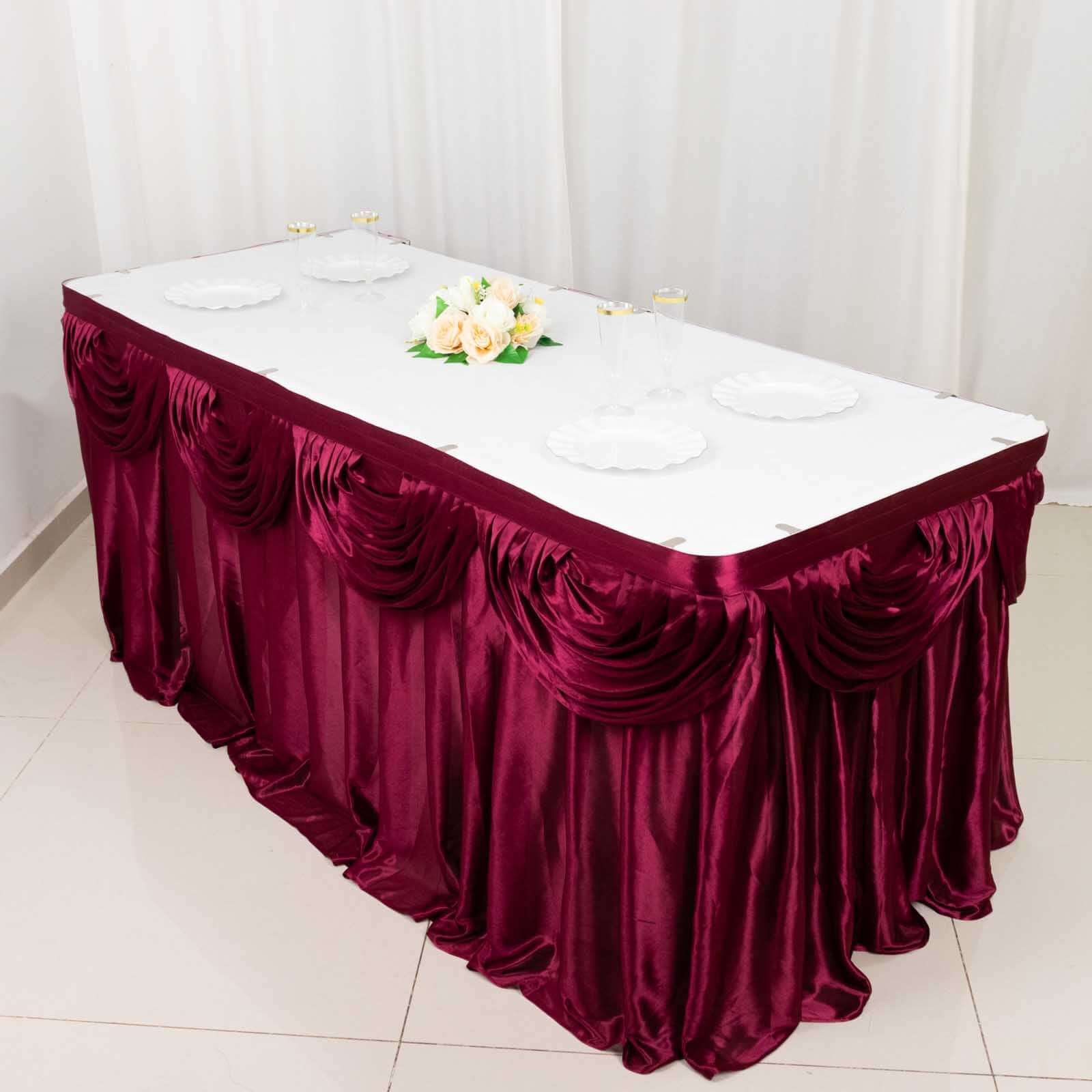 Satin 14ft Table Skirt Burgundy - Pleated Double Drape Table Cover - Bell Racket Store