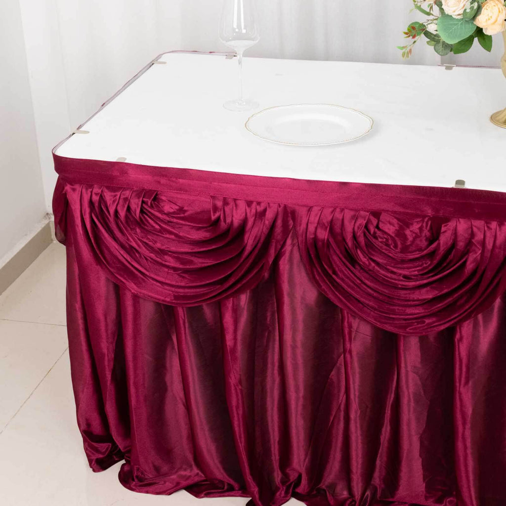 Satin 14ft Table Skirt Burgundy - Pleated Double Drape Table Cover - Bell Racket Store