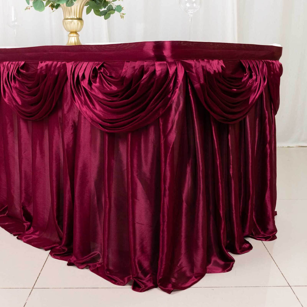 Satin 14ft Table Skirt Burgundy - Pleated Double Drape Table Cover - Bell Racket Store