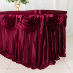 Satin 14ft Table Skirt Burgundy - Pleated Double Drape Table Cover - Bell Racket Store