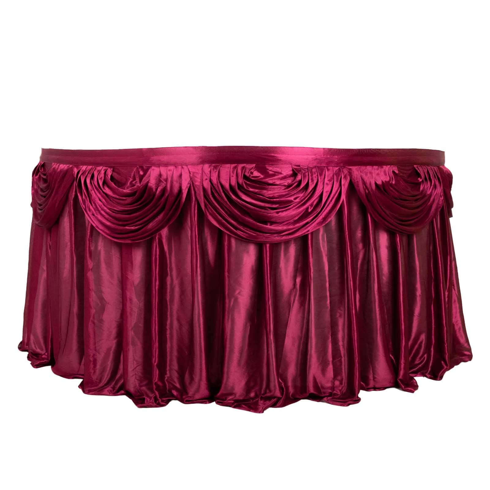 Satin 14ft Table Skirt Burgundy - Pleated Double Drape Table Cover - Bell Racket Store