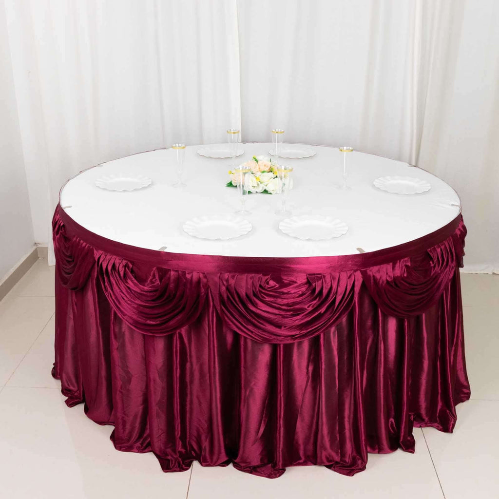 Satin 14ft Table Skirt Burgundy - Pleated Double Drape Table Cover - Bell Racket Store