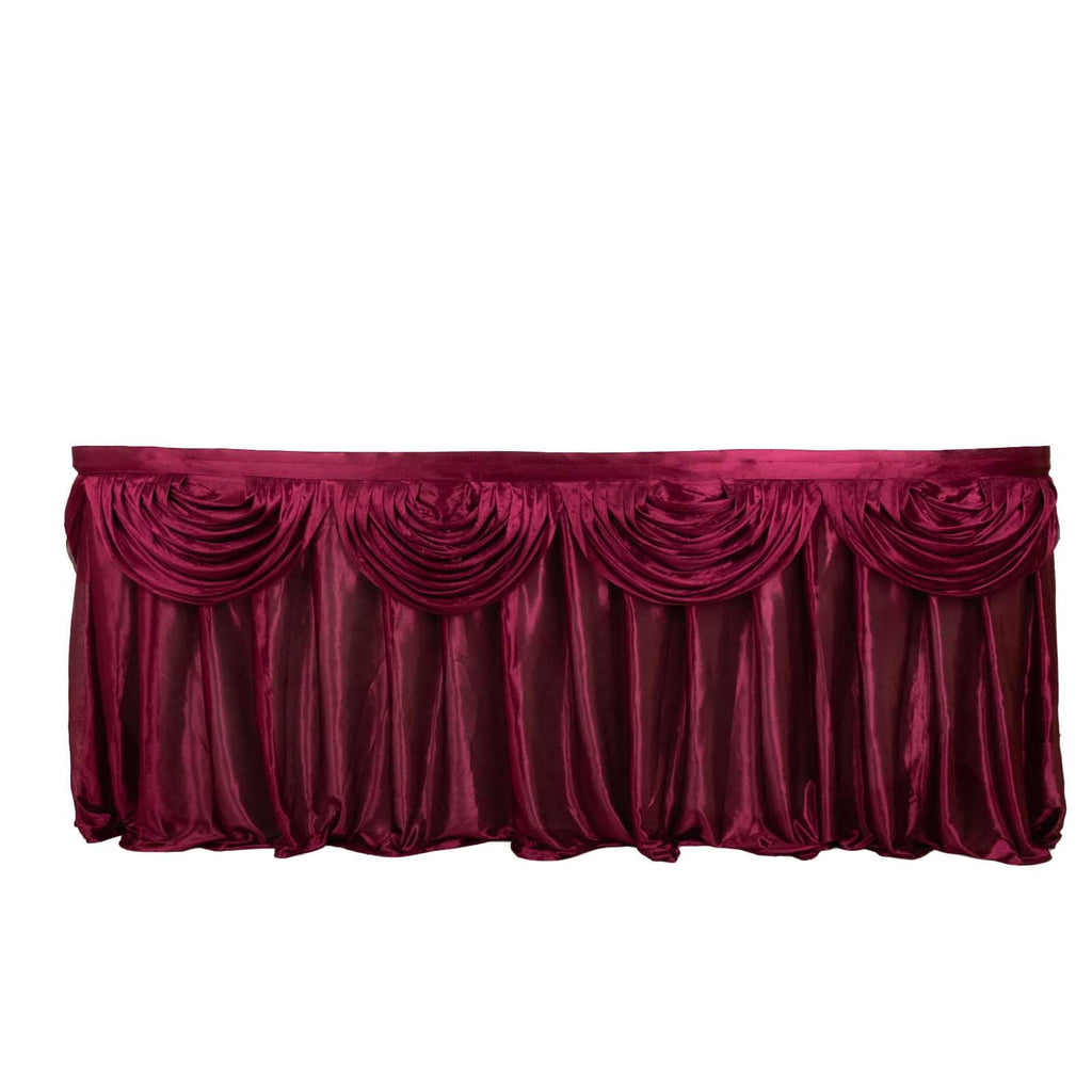 Satin 14ft Table Skirt Burgundy - Pleated Double Drape Table Cover - Bell Racket Store