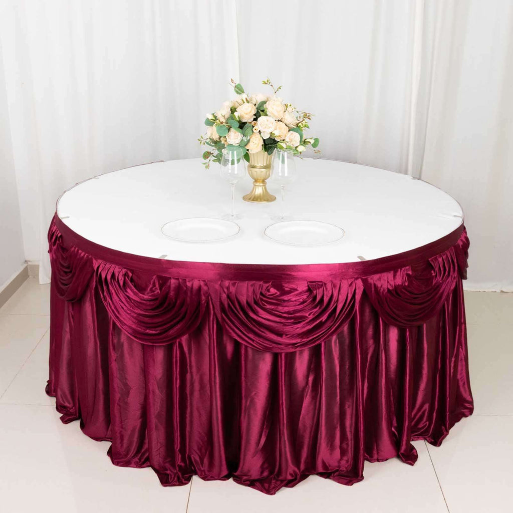 Satin 14ft Table Skirt Burgundy - Pleated Double Drape Table Cover - Bell Racket Store