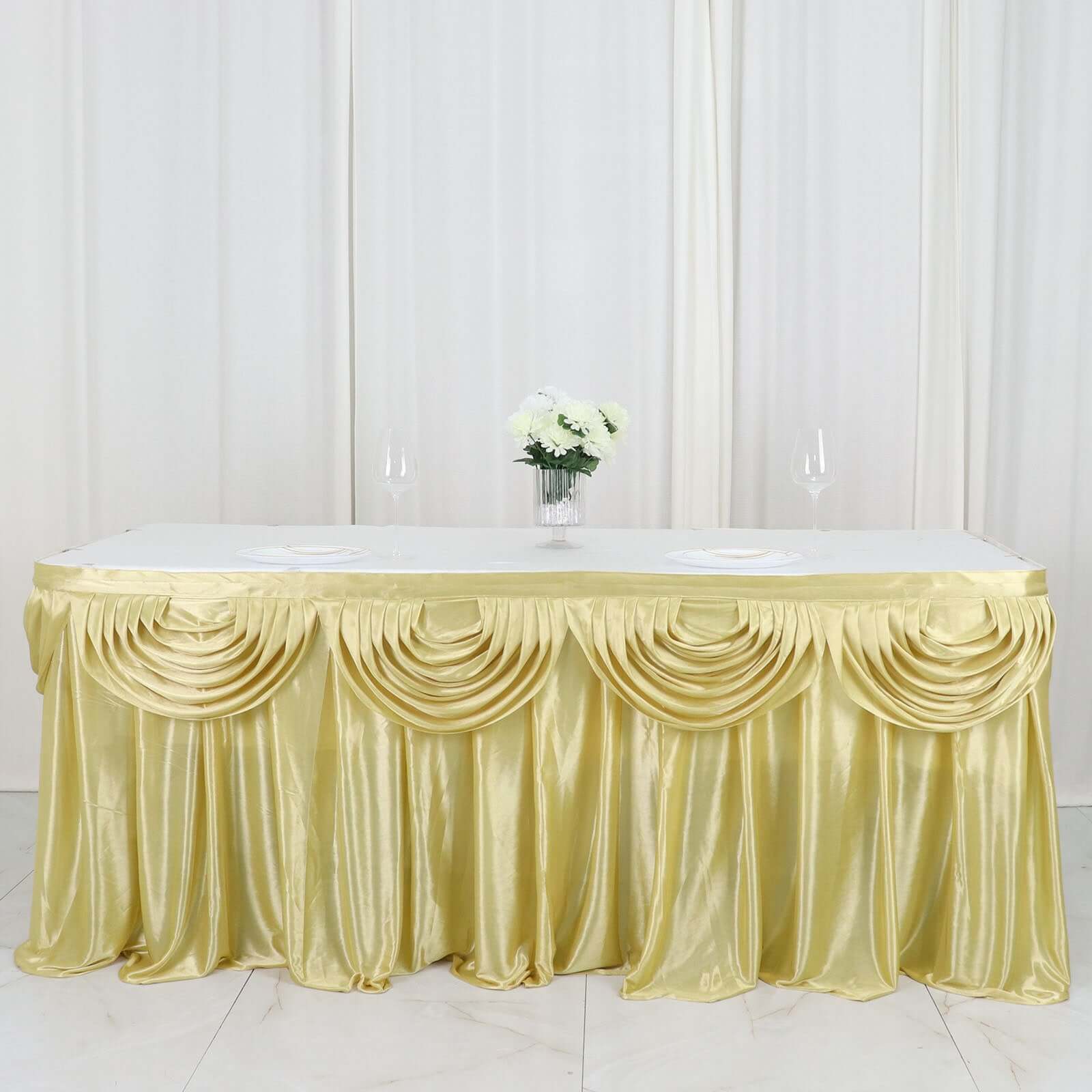 Satin 14ft Table Skirt Champagne - Pleated Double Drape Table Cover - Bell Racket Store