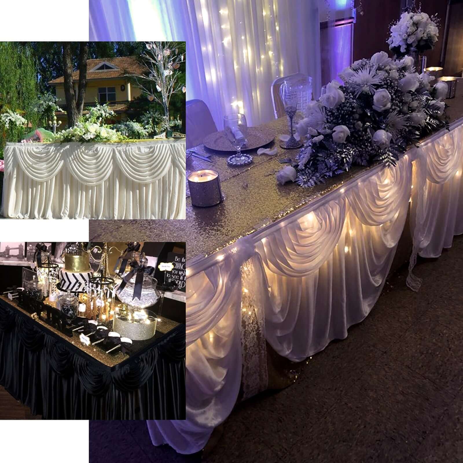 Satin 14ft Table Skirt Champagne - Pleated Double Drape Table Cover - Bell Racket Store