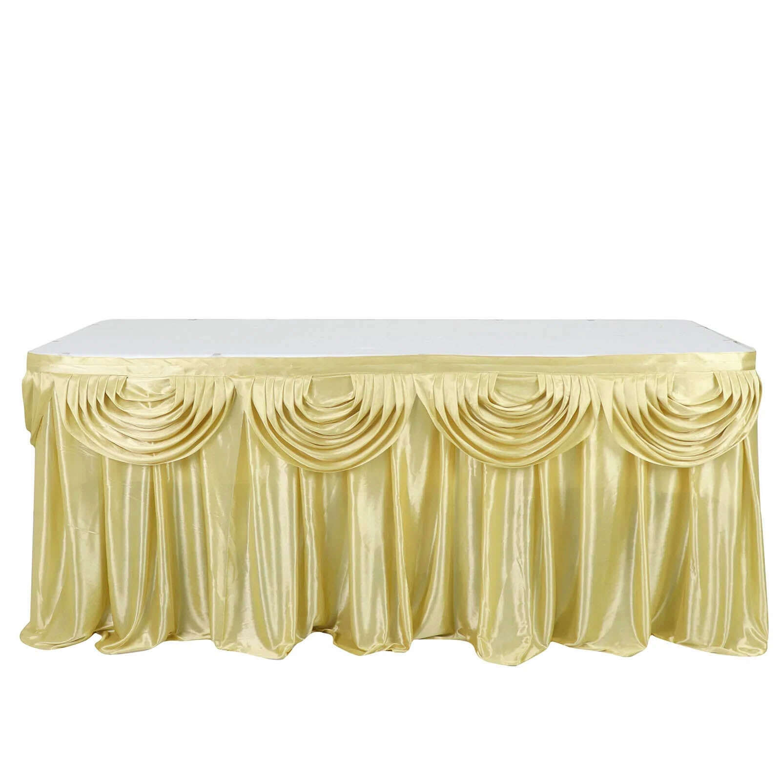 Satin 14ft Table Skirt Champagne - Pleated Double Drape Table Cover - Bell Racket Store