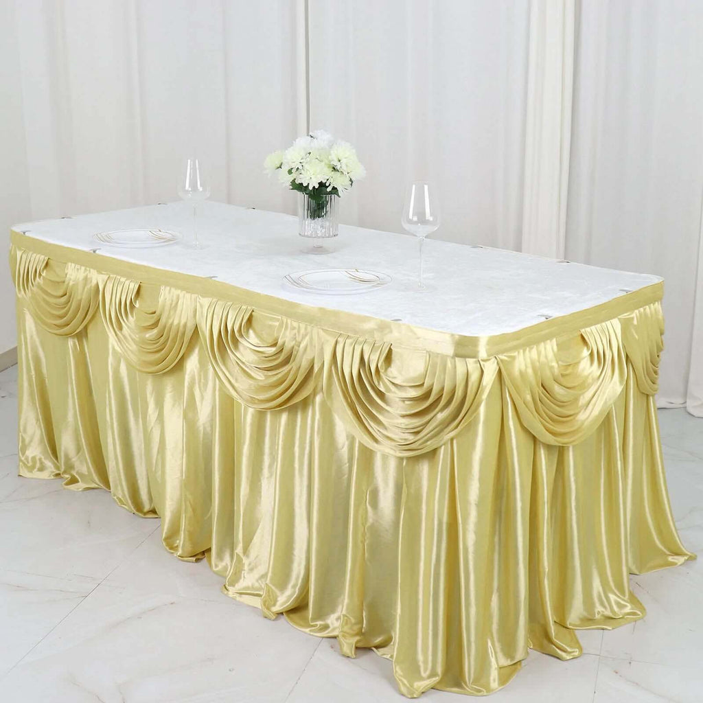 Satin 14ft Table Skirt Champagne - Pleated Double Drape Table Cover - Bell Racket Store