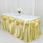 Satin 14ft Table Skirt Champagne - Pleated Double Drape Table Cover - Bell Racket Store