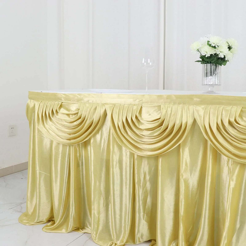 Satin 14ft Table Skirt Champagne - Pleated Double Drape Table Cover - Bell Racket Store