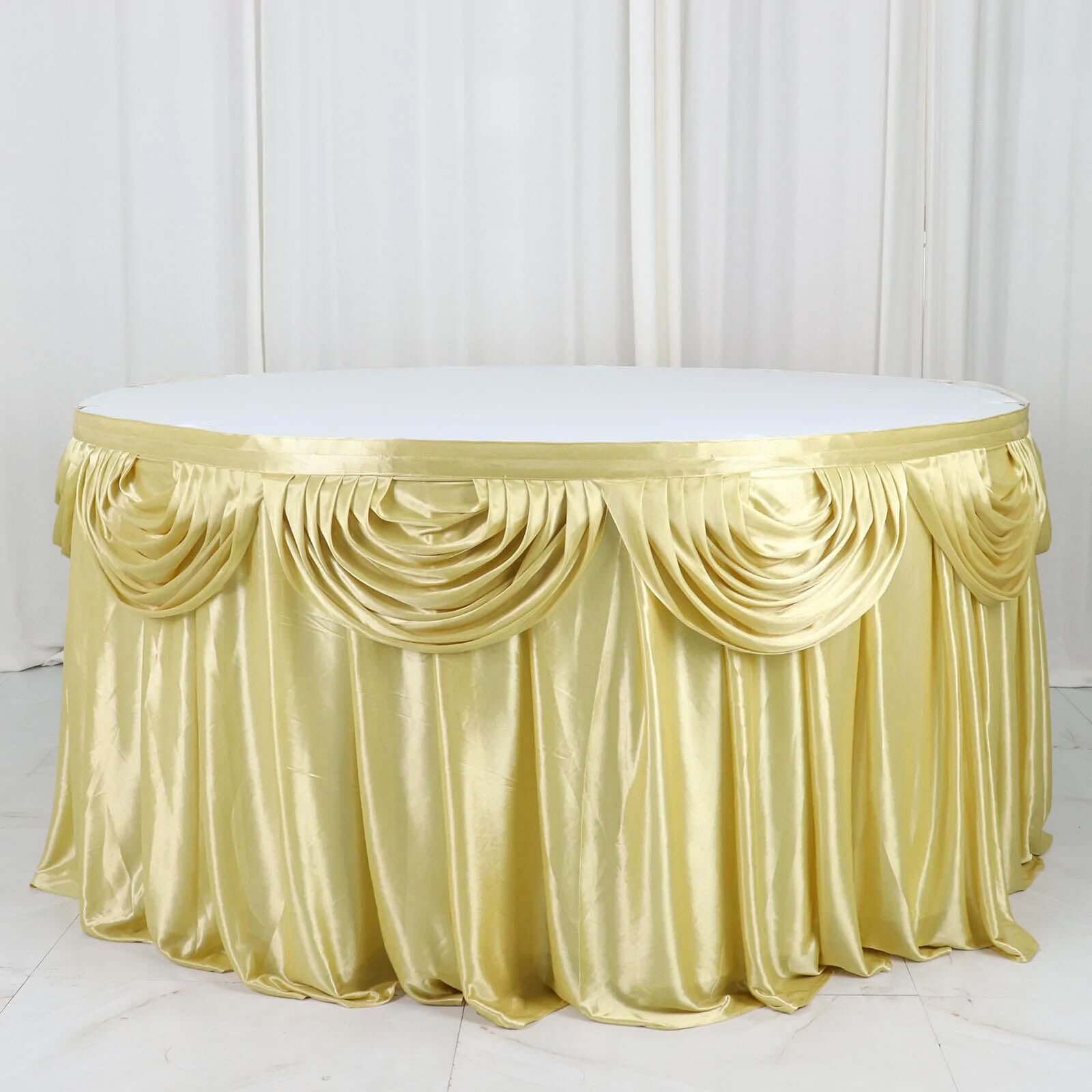 Satin 14ft Table Skirt Champagne - Pleated Double Drape Table Cover - Bell Racket Store